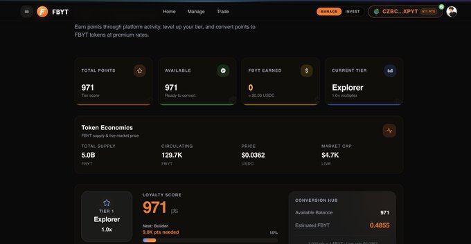 A screenshot of an FBYT platform dashboard showing a Total Points score of 971, Tier 1 'Explorer' status, a Token Economics section with Total Supply of 5.0B, Circulating of 129.7K, and Market Cap of $4.7K.