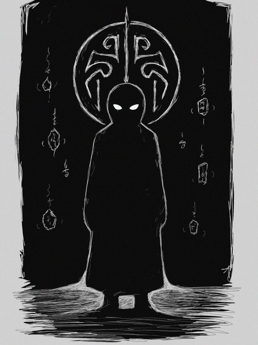 A dark, sketchy illustration of a hooded figure with glowing white eyes standing before an ornate circular emblem, surrounded by mysterious symbols.