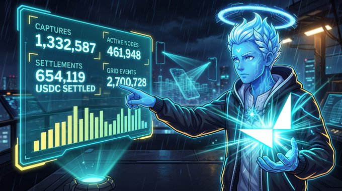 A futuristic blue-toned scene shows an AI-styled character with a glowing halo interacting with holographic financial charts; visible metrics include “CAPTURES 1,332,587,” “ACTIVE NODES 461,948,” “SETTLEMENTS 654,119 USDC SETTLED,” and “GRID EVENTS 2,700,728.”