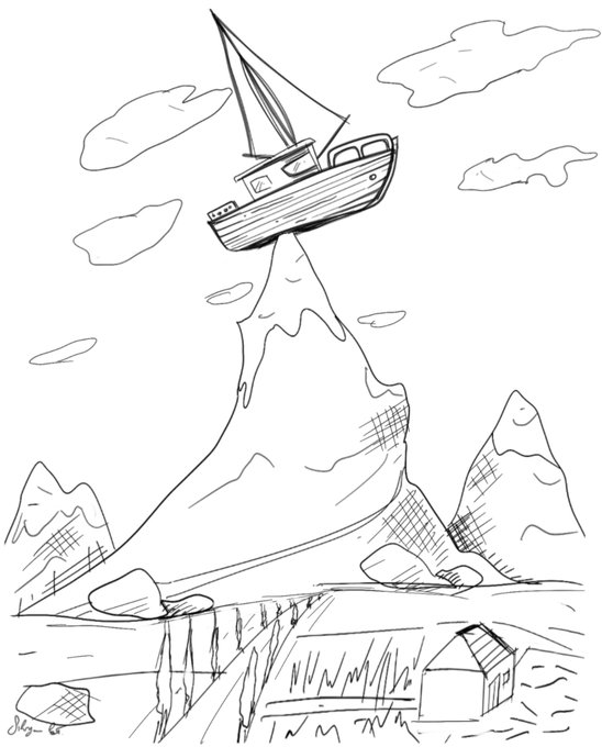 A black and white sketch showing a small sailboat perched precariously on top of a tall, pointed mountain peak with smaller mountains and a house visible in the landscape below.