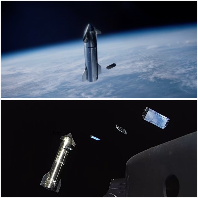 **Top:** A CGI simulation of SpaceX's Starship deploying Starlink satellites above Earth. **Bottom:** The real photo from Starship's inaugural test flight in April 2023, capturing actual satellite deployments in space.

Both depict the same Starship upper stage releasing its Starlink satellite payload during flight, but the top image is a polished digital render with ideal lighting, while the bottom is the genuine in-space photograph showing the satellites tumbling away with visible "Test" text overlaid on the image.