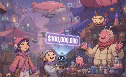 An illustration of a bustling fantasy market scene with characters, an airship, and a glowing '$100,000,000' holographic sign displayed above the crowd.