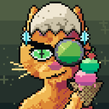 A pixel art illustration of an orange cat wearing a white fuzzy hat and holding a triple-scoop ice cream cone.