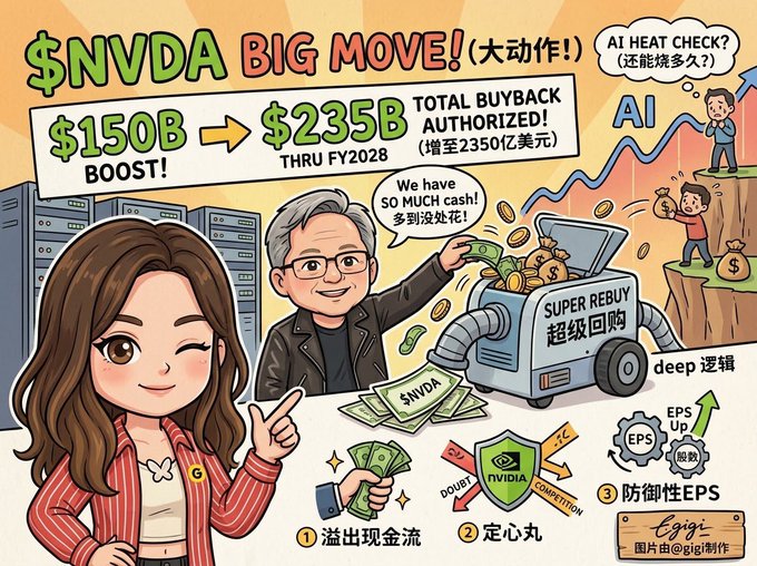 A colorful illustrated infographic titled '$NVDA BIG MOVE!' (大动作!) showing NVIDIA's buyback increase from $150B to $235B through FY2028, featuring cartoon characters, money imagery, and text in both English and Chinese about excess cash flow and defensive EPS strategies.