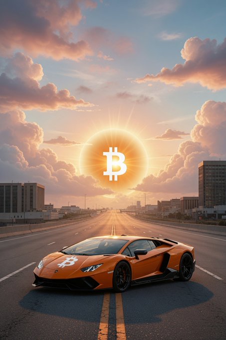 A vibrant digital artwork showing an orange Lamborghini sports car with a Bitcoin logo on the hood, parked on a highway with a glowing Bitcoin 'B' symbol in the sky at sunset, surrounded by clouds and a cityscape.