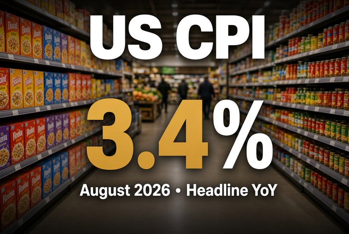 The image displays a grocery store aisle with bold overlay text reading "US CPI 3.4% August 2026 • Headline YoY," visually reinforcing the post's main data point that headline inflation held steady at 3.4% year-over-year in August, in line with expectations.