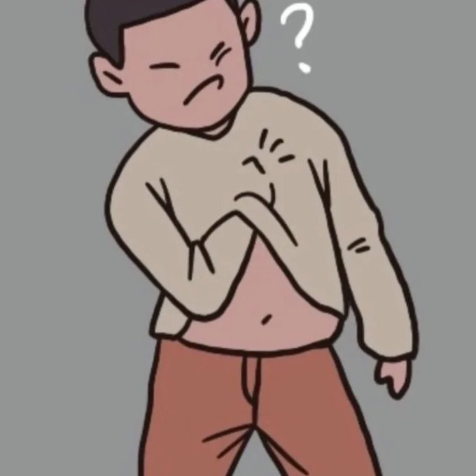 A cartoon illustration of a person looking confused with a question mark above their head, scratching their chest while wearing a beige sweater and brown pants.