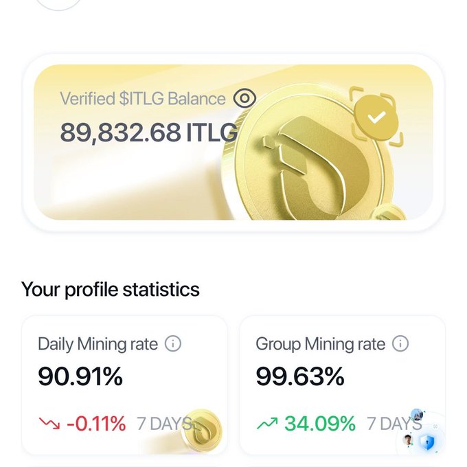 The screenshot shows a verified ITLG balance of 89,832.68 coins alongside profile statistics: a daily mining rate of 90.91% (down 0.11% over 7 days) and a group mining rate of 99.63% (up 34.09% over 7 days). This aligns with the post's message about Phase 1 of the migration to $vITLG, showcasing the user's acquired ITLG balance and mining performance through the InterLink App.