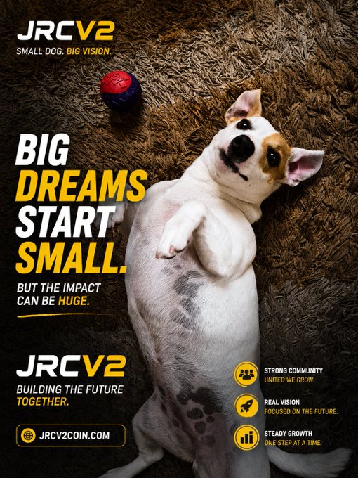 A promotional poster for 'JRCV2' cryptocurrency featuring a Jack Russell Terrier puppy lying on its back with text 'Big Dreams Start Small' and 'JRCV2COIN.COM.'