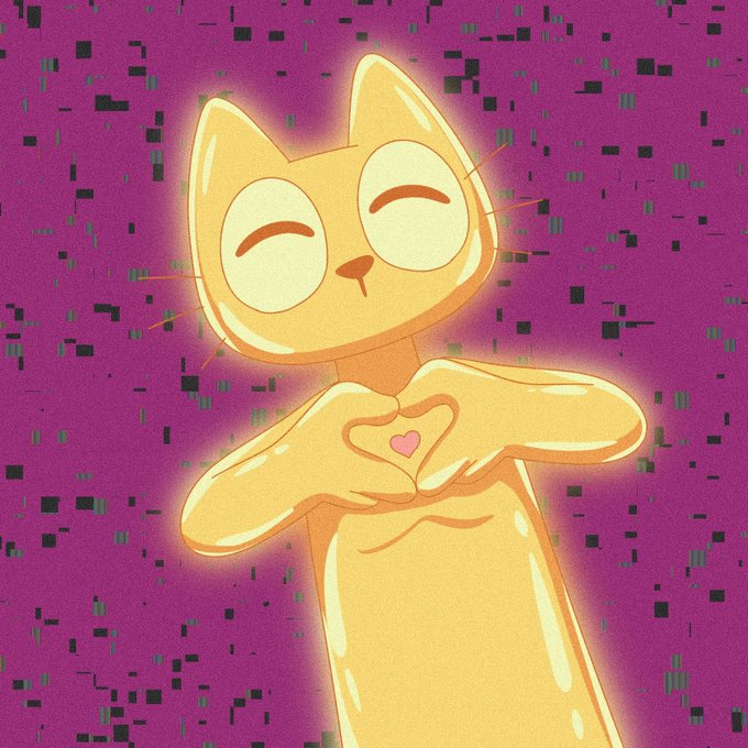 An illustration of a smiling, golden-yellow cartoon cat with closed eyes, forming a heart shape with its paws on its chest. The background features a vibrant purple color with a glitchy, pixelated black and green pattern.