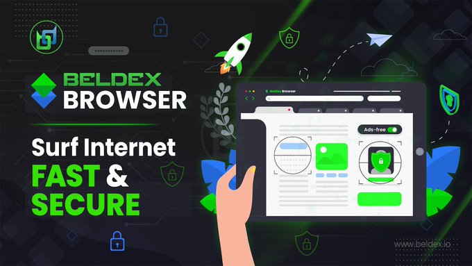 A promotional graphic for "Beldex Browser" with the tagline "Surf Internet FAST & SECURE," depicting a hand holding a smartphone that displays an ad-free, private browsing interface surrounded by green shield and padlock icons symbolizing security and privacy. The image visually reinforces the post's message about Beldex Browser offering a simple, privacy-focused way to browse the internet without leaving a trace.