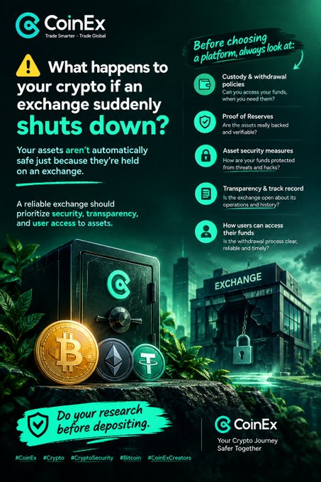 A CoinEx advertisement warns 'What happens to your crypto if an exchange suddenly shuts down?' with hashtags #CoinEx, #Crypto, #CryptoSecurity, #Bitcoin, and #CoinExCreators.