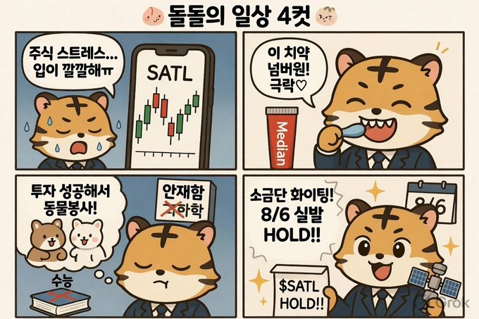A 4-panel cartoon featuring a tiger character in a suit depicting relatable life struggles, with Korean text showing worries about investment stress and SATL stock charts, relief at a "Median" delivery, daydreaming about animal friends in the investor lounge, and excitement for the "8/6 실발 HOLD" ($SATL HOLD) launch—directly celebrating the post's announcement of SATL's actual launch day.