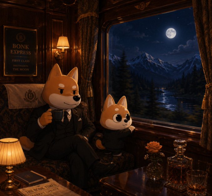 Two anthropomorphic Shiba Inu characters in formal attire ride the elegant "BONK EXPRESS - First Class Destination: The Moon" luxury train, gazing out at a moonlit mountain landscape. The cozy wood-paneled cabin, complete with a decanter, rose, and "THE BONK TIMES" newspaper, captures the whimsical departure vibe of the "BONK train leaving the station" meme.