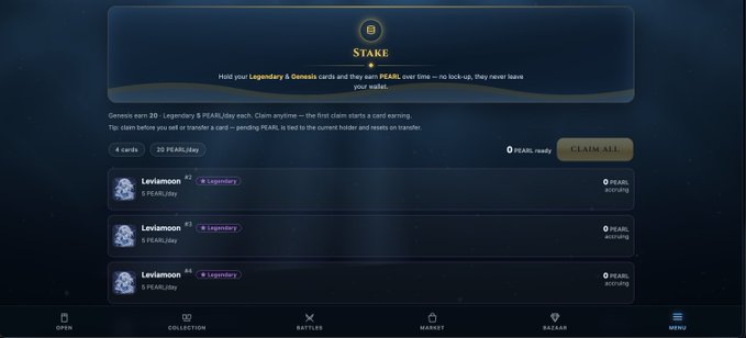 A 'Stake' interface displays a Genesi earn pool of 20 Legendary and 5 PEARL Genesis cards, showing 4 cards ready to claim with a total of 0 PEARL ready, including Leviathoon #2, #3, and #4.