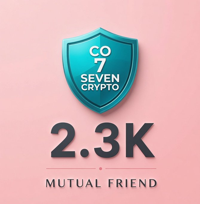 A teal shield logo reading 'CO 7 SEVEN CRYPTO' on a pink background with the text '2.3K MUTUAL FRIEND' below it.