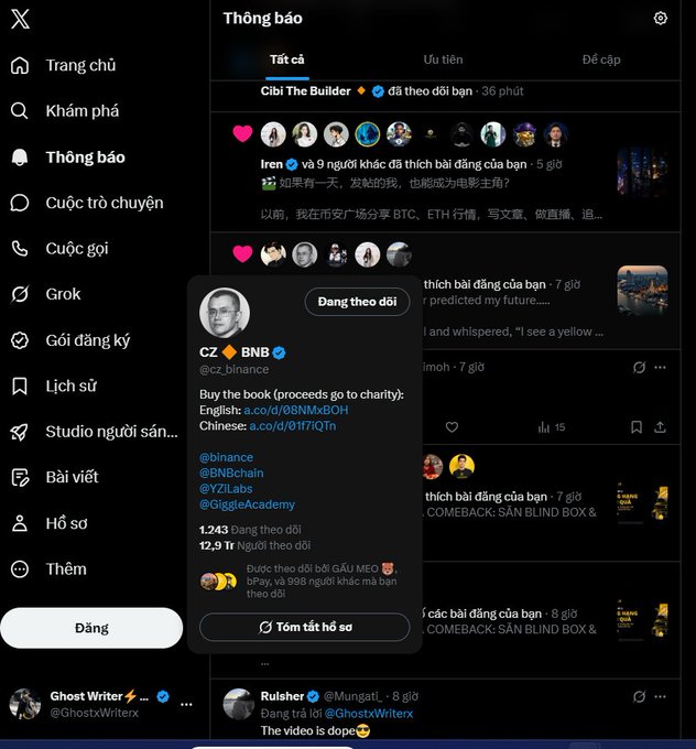 A Twitter/X notifications page in Vietnamese showing CZ @cz_binance profile card with charity book links, alongside various notifications in the background.
