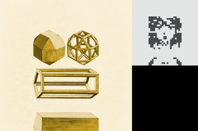 An illustration displays golden geometric shapes including an icosahedron, a frame, and a box on the left, contrasted with a pixelated gray shape resembling a bear or monster on a light background.