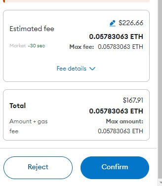 A MetaMask transaction confirmation screen showing an estimated fee of $226.66 (0.05783063 ETH) and total of $167.91 with Reject and Confirm buttons.