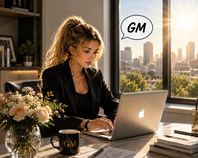 A woman with blonde hair works on a MacBook at a desk with a 'GM' speech bubble, a 'GM' mug, and flowers, with a cityscape visible through the window.
