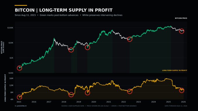 Financial charts titled 'BITCOIN | LONG-TERM SUPPLY IN PROFIT' displaying Bitcoin price from 2015 to 2026 alongside a long-term supply in profit metric, with red circles marking post-bottom advances.
