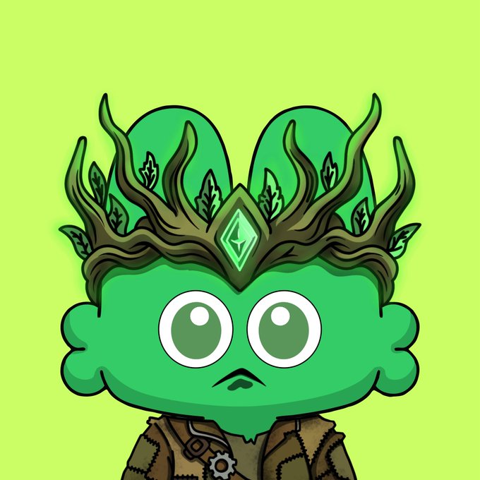 A cartoon illustration of a green character with big eyes wearing a brown outfit and a crown made of branches and leaves, set against a light green background.