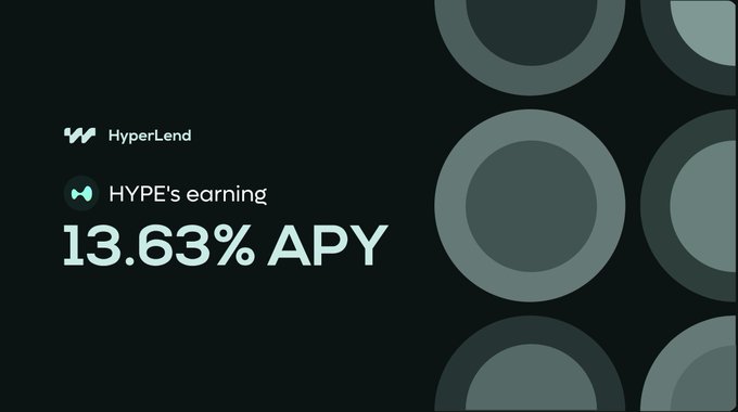 A dark promotional graphic for HyperLend displaying 'HYPE's earning' at '13.63% APY' alongside circular design elements.