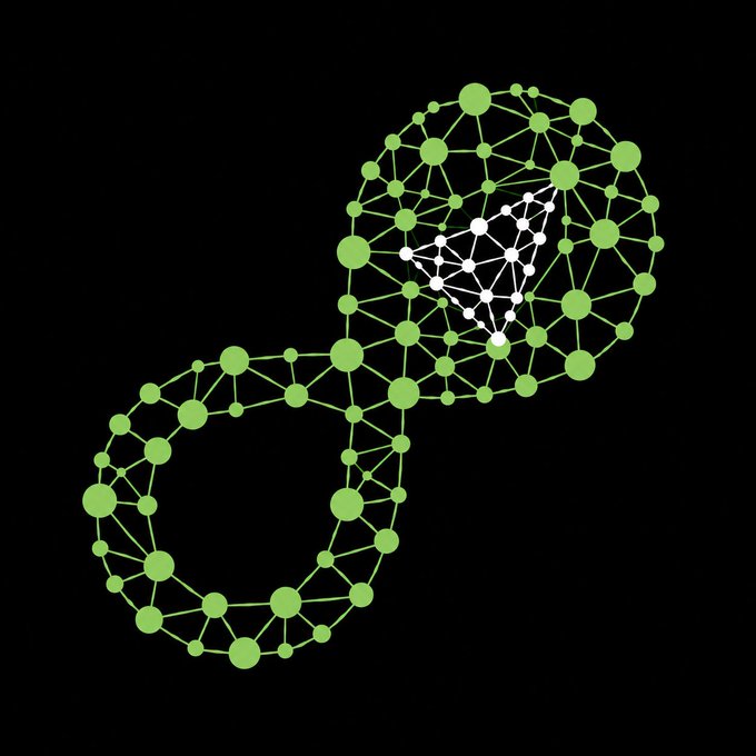 A green molecular or network-style illustration forms a circular figure-eight pattern on a black background, with a white highlight in one loop.