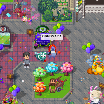 A colorful pixel-art video game scene depicts a festive town square with characters, balloon vendors, candy trees, and a speech bubble exclaiming 'CANDY!!!'.