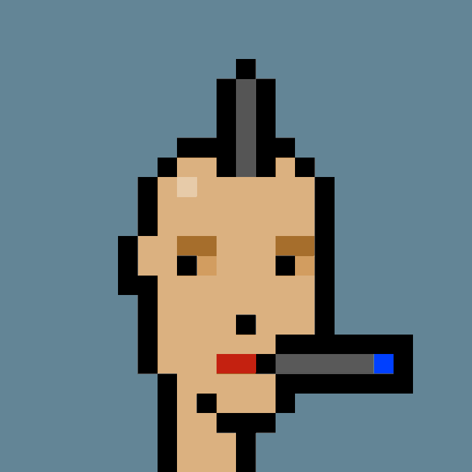 The image features a person's face rendered in a small, cartoon-like style, with a light blue background. The individual appears to be wearing makeup, as indicated by the lipstick they are holding up against their face. They are also holding a cigarette. In the corner of the image, there is text that reads "Punk #2617 bought for 30.05ETH ( fiat ) by 0xae31...093d from 0xf5a4...3acd ( cryptopunks.app/cryptopunks/de ). Focus on what's in the picture and how it relates to the given information." The primary subject of the image is this person, who has been rendered in a small, cartoon-like style and is holding both an object and smoking a cigarette against their face.