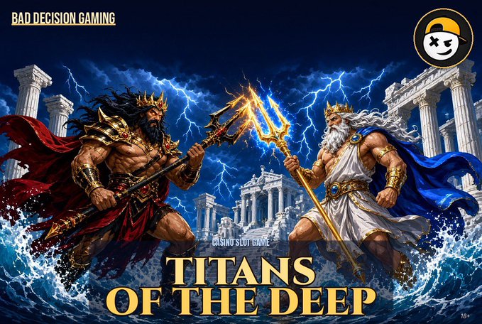 Promotional artwork for 'Bad Decision Gaming' titled 'TITANS OF THE DEEP' casino slot game, depicting two Greek-style titans (Poseidon and another god) with a trident and lightning bolt amid crashing waves and stormy skies with Greek ruins.