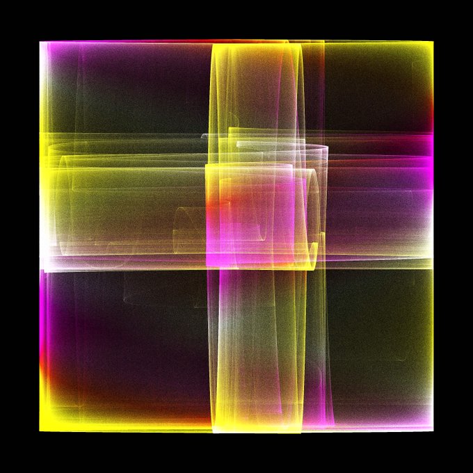 An abstract digital artwork featuring glowing yellow and magenta cross shapes with a grainy, neon-like texture set against a black background.