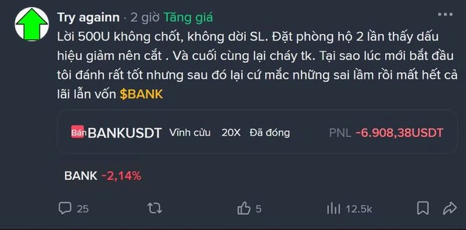 Vietnamese-language tweet screenshot from user 'Try agaiinn' describing a trading loss of 500U on BANKUSDT with a PNL of -6,908.38 USDT and -2.14% change.