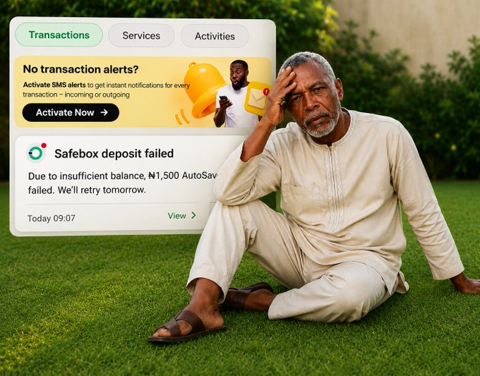 A promotional graphic showing a distressed man sitting on grass next to a banking app notification stating "Safebox deposit failed" due to insufficient balance, with an "Activate Now" SMS alerts prompt.