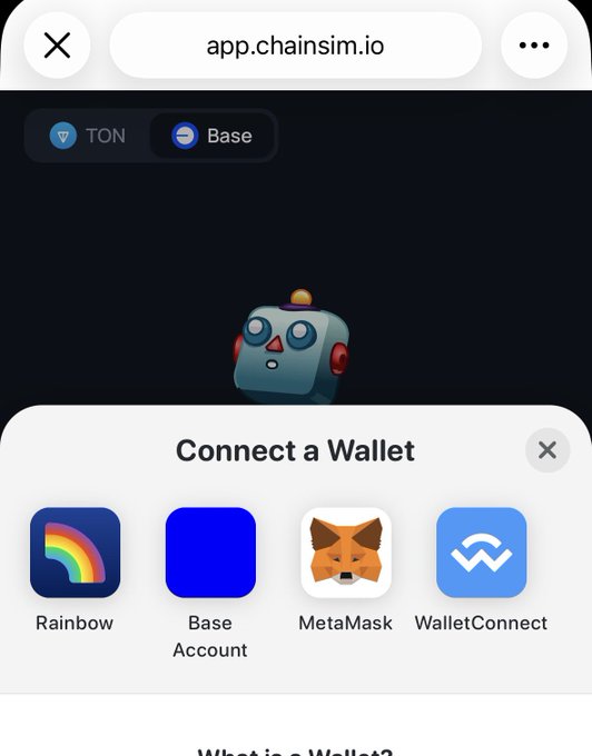 A mobile screenshot from app.chainsim.io showing a 'Connect a Wallet' menu with options for Rainbow, Base Account, MetaMask, and WalletConnect.