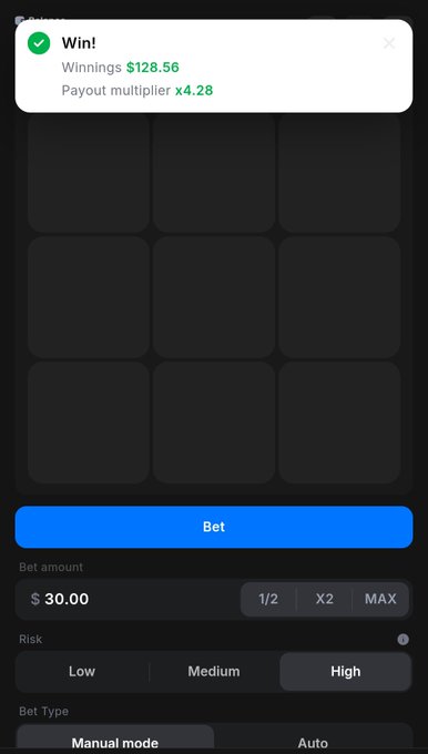 A screenshot of a mobile gambling or betting app showing a 'Win!' notification with 'Winnings $128.56' and 'Payout multiplier x4.28' over a grid of empty squares, with a $30.00 bet set at high risk.
