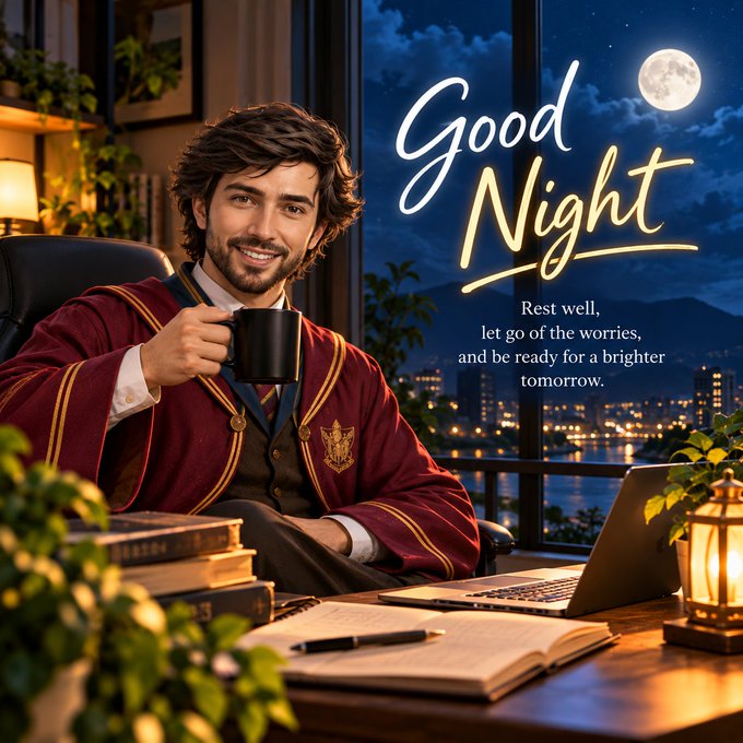 An AI-generated 'Good Night' image shows a smiling man in a maroon and gold robe holding a mug at a desk with books and a laptop, set against a window view of a moonlit cityscape, with text 'Rest well, let go of the worries, and be ready for a brighter tomorrow.'