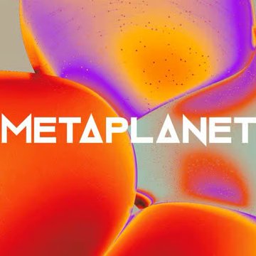 The Metaplanet logo displayed in white text over an abstract colorful background featuring fluid shapes in orange, red, and purple hues.