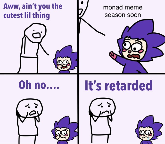 The image shows a cartoon of a man with blue hair wearing a purple outfit, standing next to a child who has blue eyes and is also dressed in a purple outfit. The scene depicts a series of comic book-style panels that tell a story about the relationship between the two characters.