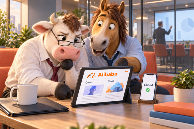 An AI-generated image shows a cartoonish cow wearing glasses and a horse in business attire sitting at an office desk, looking at a tablet displaying the 'Alibaba' website alongside a smartphone showing 'SBABA'.