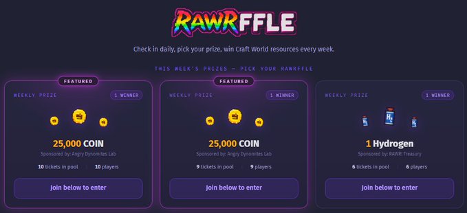 Screenshot of 'RAWRFFLE' weekly raffle showing three featured prize cards: two 25,000 COIN prizes sponsored by Angry Dynomites Lab, and 1 Hydrogen sponsored by RAWR Treasury.