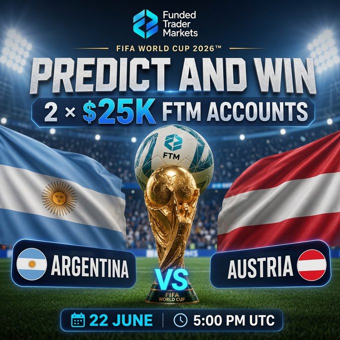 The image shows two soccer balls, one labeled "Argentina" and the other "Austria", both set against a backdrop of green grass with white lines representing the field. Below the soccer balls, there are posts announcing an event where people will have the chance to win 2 FTM accounts by predicting the outcome of the FIFA World Cup. The post is scheduled for happening on 22 June at 5:00 PMUTC and it also mentions that the prize money available is $25K.