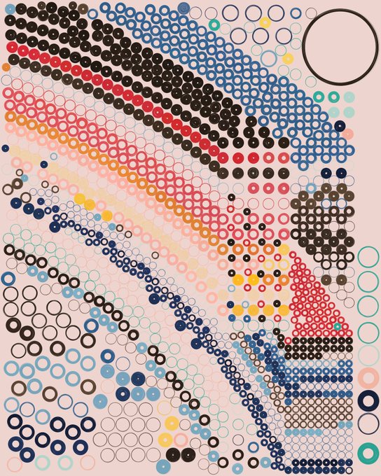 An abstract pixel-art style illustration composed of colorful circles and dots arranged in patterns on a pink background.