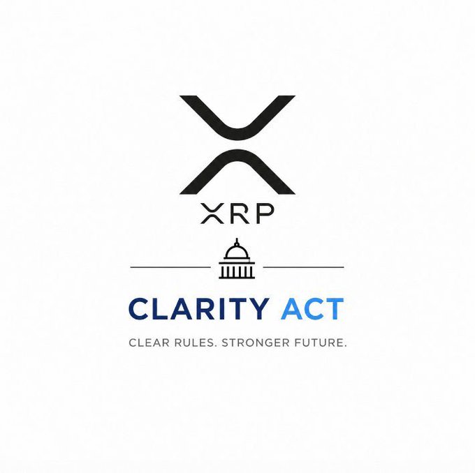 XRP logo with a government building icon promoting the 'Clarity Act' with the tagline 'Clear Rules. Stronger Future.'