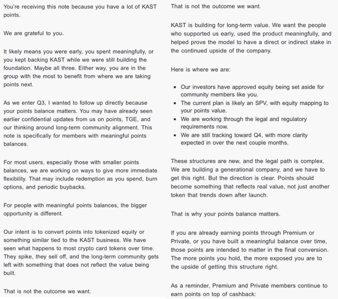 Text document titled with a message to KAST points holders explaining plans for converting points into tokenized equity through an SPV structure.