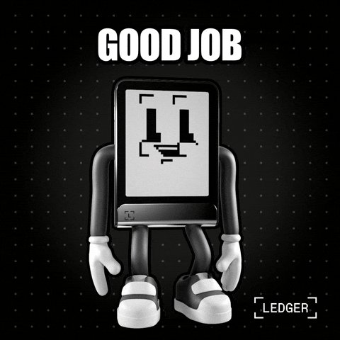 The image features a small figurine or toy character with legs and feet, dressed in white shoes and pants, standing against a black background. The figurine has two eyes and a mouth, giving it a face-like appearance. The text "Good Job" is written above the figurine, and there are dots scattered around the image, which could be interpreted as logos or icons related to the cryptocurrency world.

The main focus of the image is on the figurine itself, with no other objects or texts present.