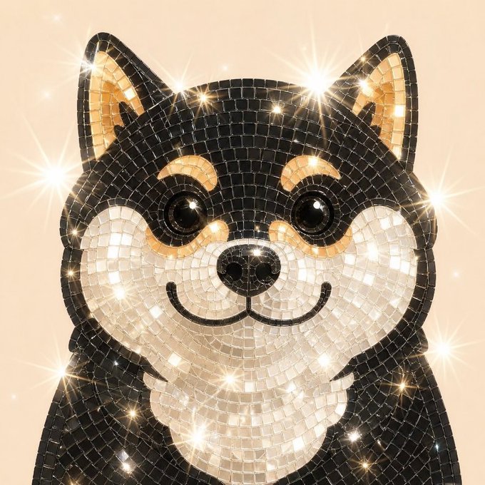 An illustration of a Shiba Inu dog rendered in a mosaic tile style with gold and white tiles, set against a sparkling peach background.