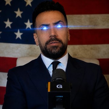 A man in a dark suit with a beard and glowing blue eyes is shown in front of an American flag, speaking into a microphone labeled "C." The image represents a stylized or edited depiction of a commentator, aligning with the post's quote defending Cardano ($ADA) by suggesting that criticism or discussion of the protocol reflects its significance and relevance in the crypto space.