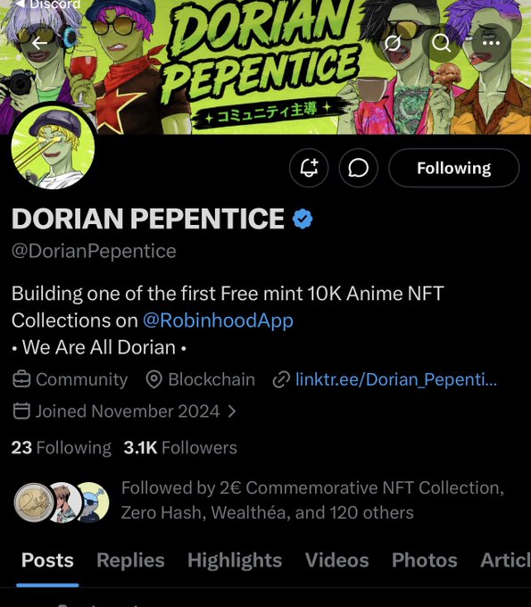 Twitter/X profile for 'DORIAN PEPENTICE' (@DorianPepentice) with a banner featuring anime-style character art, describing themselves as 'Building one of the first Free mint 10K Anime NFT Collections on @RobinhoodApp' with 3.1K followers.