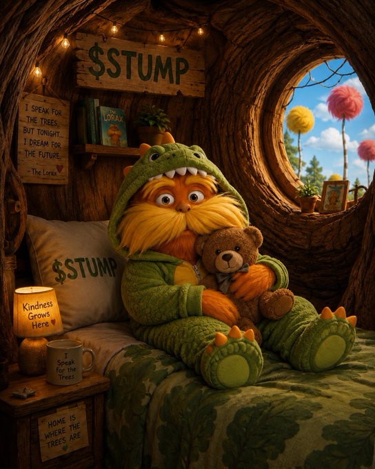 A cozy Lorax character in a tree-stump bedroom clutches a teddy bear, with a "$TUMP" sign overhead, an "I speak for the trees" Lorax book on the shelf, and a "Kindness Grows Here" lamp—capturing the whimsical scene of the Lorax winding down for the night after another day of growing the $TUMP token.